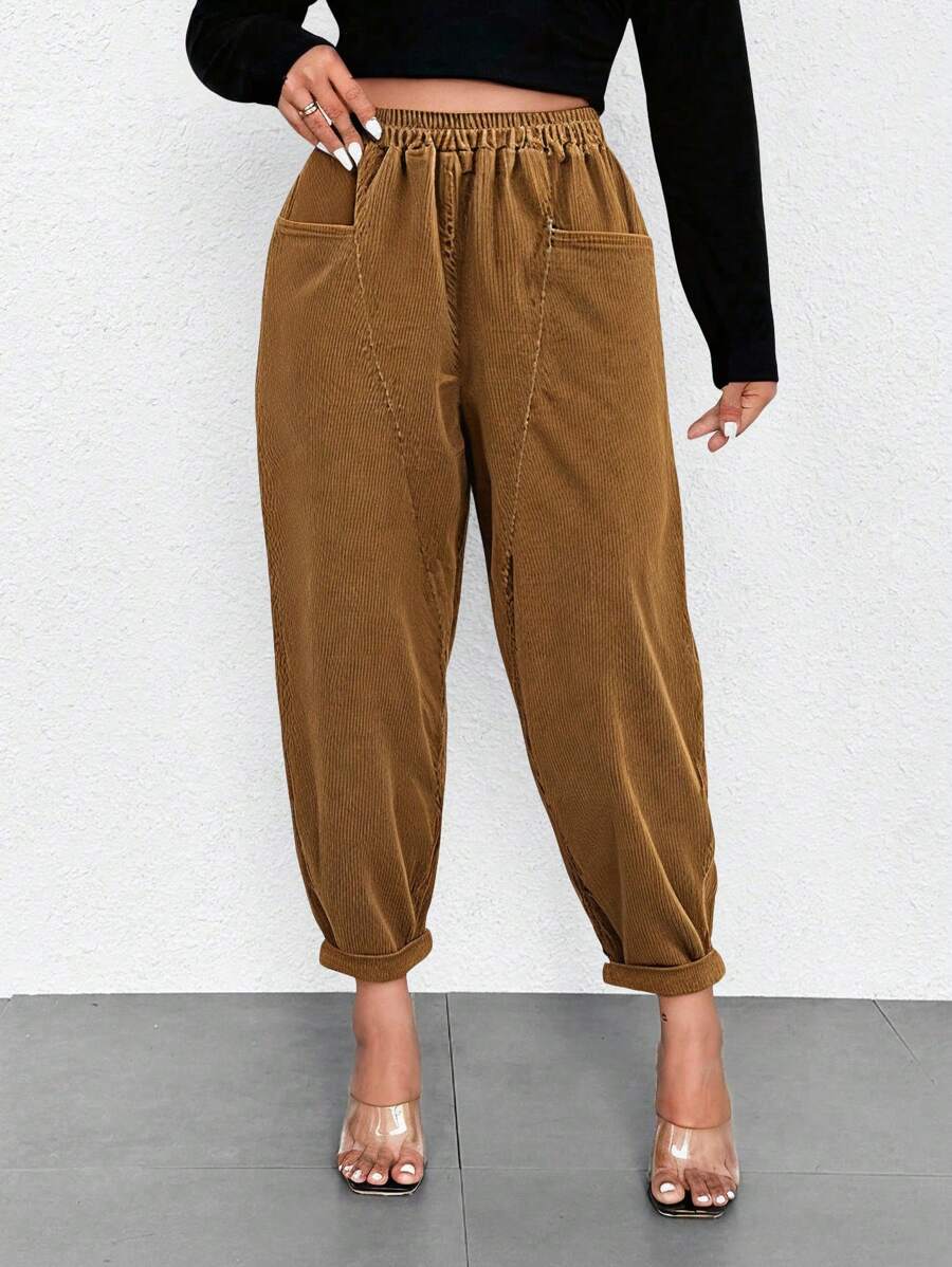 Maweii 大码女式纯色松紧腰口袋直腿灯芯绒裤