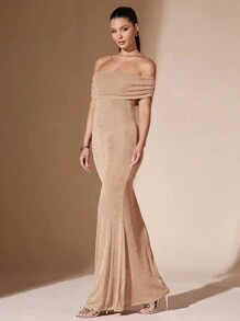 SHEIN BAE Váy tốt nghiệp bó sát hở vai màu trơn gợi cảm thanh lịch đuôi cá hở lưng cho nữ - Màu be - Xem 5