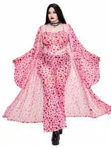 Whyspr Bộ 3 món áo khoác lưới dài hình trái tim ngày lễ tình nhân cỡ lớn cho nữ, áo ba lỗ và quần ống loe, thanh lịch và gợi cảm - Hồng - Xem 7