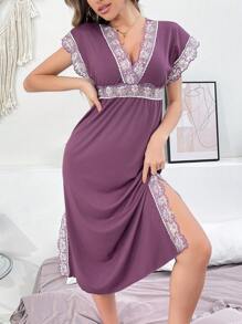 女士刺绣蕾丝优雅高开衩睡袍