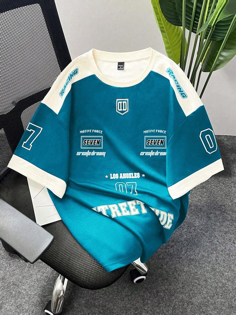 Manfinity EMRG Men's Casual Round Neck Simple Style Racing T-Shirt, For Daily Wear - Teal Blue - View 1