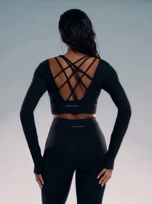 Musera Sport 长袖交叉后背拇指孔上衣 健身房健身 - 黑色 - 查看 3
