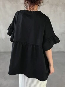 FRIFUL Women's Solid Color Ruffle Short Sleeve Loose T-Shirt For Outdoor/Beach Summer