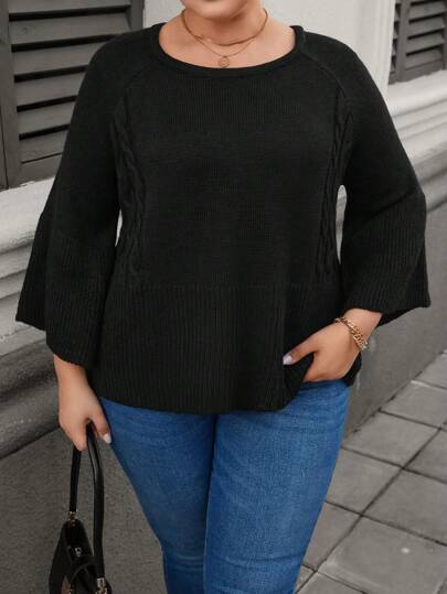 EMERY ROSE Plus Size Women's Casual Loose Cable Knit Flared Drop Shoulder Sleeve Autumn Winter Warm Black Pullover Sweaterfall Women Clothes,Western Woman Attire,Winter Clothes