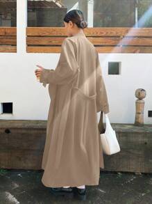 DAZY 长袖纯色宽松腰带翻领女式长款风衣外套，秋季女装 - 卡其色 - 查看 2