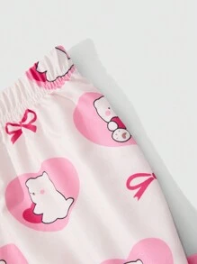 Young Girl Bow Print Crew Neck Long Sleeve Pajama Set: Top And Bottoms