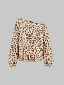 INAWLY Camiseta de tela de peluche con estampado asimétrico de leopardo para mujer para otoño/invierno, blusas con estampado de guepardo para mujer - Blanco - Ver 2