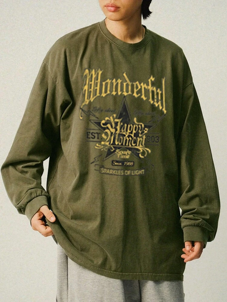 Men's Large Letter Print Green Long Sleeve T-Shirt,Fall Clothes