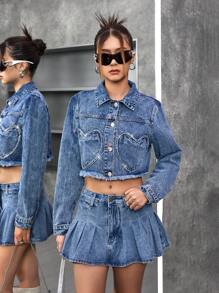 SHEIN Teen Girl Y2K Fashion Heart Rhinestone Pocket Raw Hem Crop Denim Jacket, Y2K Fashion - Medium Wash - View 6