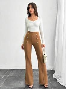 SHEIN Tall Tall Size Double Breasted Decorative Flared Trousers - Camel - View 6