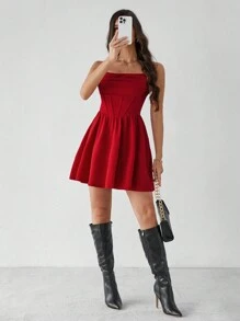 SHEIN Tall 节日气氛新款纯色褶皱扇形 A 字下摆红色连衣裙