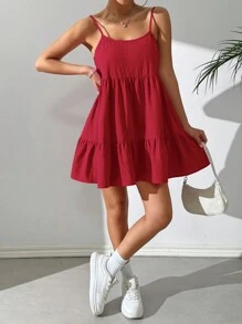 SHEIN EZwear 女士纯色细肩带褶皱简约短款休闲连衣裙 - 玫瑰紅 - 查看 4