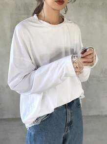 FRIFUL Women's Loose Fit Lace Trim Wide Sleeve T-Shirt, Layerable Spring Clothing