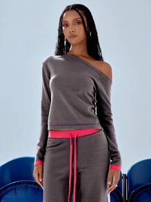 MUSERA Asymmetrical Neck Knit Contrast Wrist Top Spring Y2K 90's Casual Cute Fall Autumn Winter Thanksgiving Casual  New Year Party - Coffee Brown - View 3