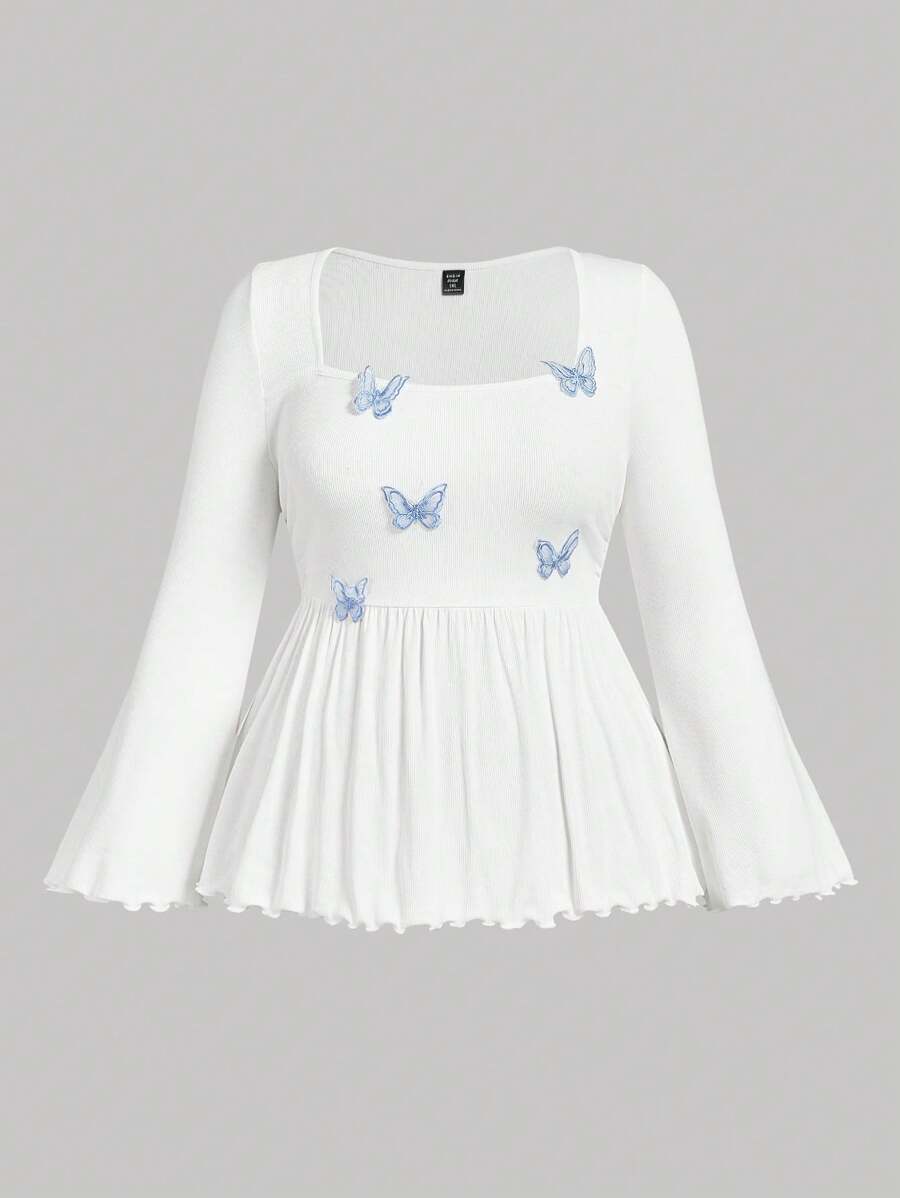 SHEIN MOD 1pc Women Plus Size Square Collar Flare Sleeve Butterfly Print T-Shirt, White And Blue - White - View 1