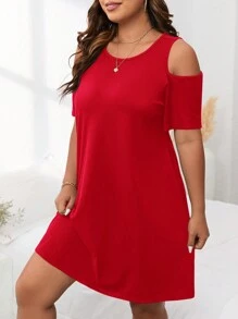 SHEIN LUNE Plus Size Crew Neck Open Shoulder Short Sleeve Simple Casual Short Dress