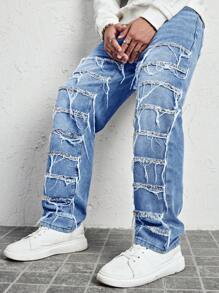 Manfinity LEGND Men's Casual Denim Jeans With Front Button Pockets And Raw Hem - Medium Wash - View 3