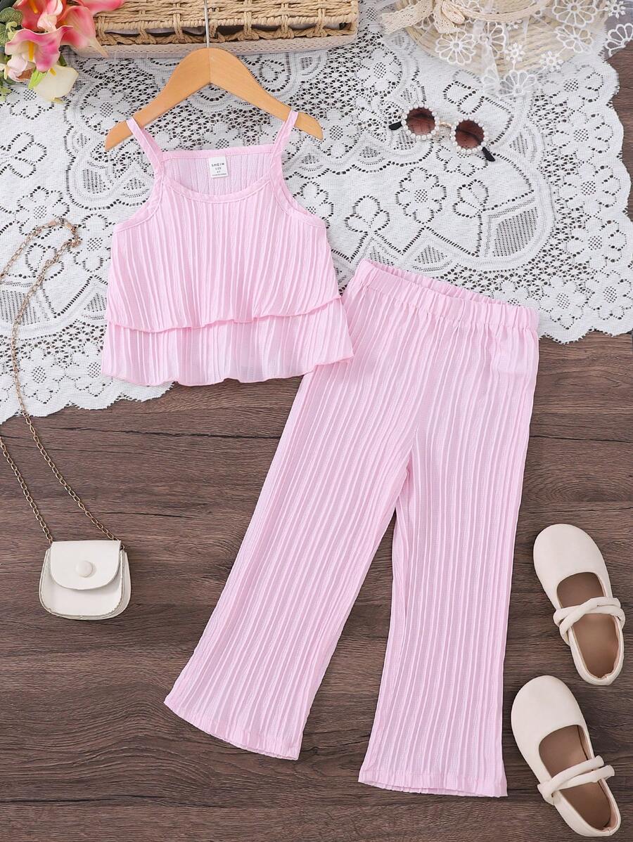 SHEIN Vintaside Kids 2pcs/Set Young Girl'' Fashionable Comfortable Ruffle Strap Top And Pants Set, Perfect For Summer Vacation - Pink - View 1