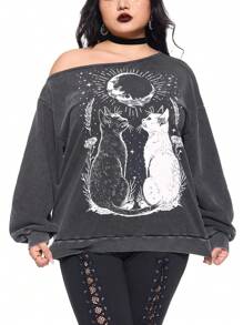 ROMWE Fairycore Women's Plus Size Black Cat Moon Star City Print Casual Plus Size Sweatshirt - Black - View 2