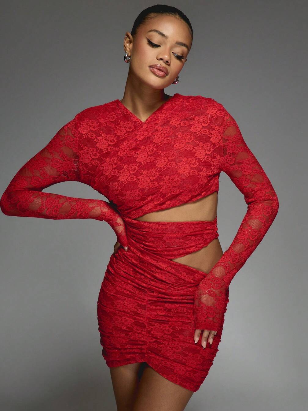 red lace bodycon mini dress Rose Halterneck Detail Long Sleeve Cupped Mini Bodycon Dress In Red Lace
