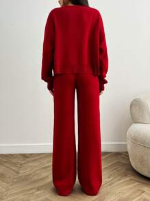 RueChic Women Bow Tie Front Detailed Cardigan And Sweater Pant 2 Two Piece Set - Burgundy - View 2