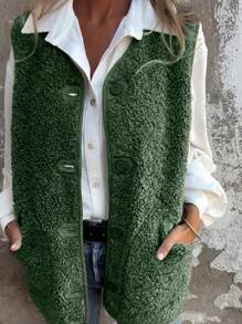 SHEIN LUNE Women Regular Fit Fleece Button Front Vest Jacket For Autumn/Winter - Dark Green - View 4