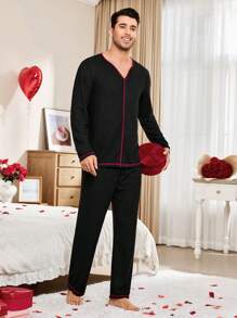 SHEIN Men's Solid Color Patchwork Long Sleeve Top And Long Pants Homewear Set - Black - View 5
