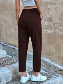 RueChic Women Button Front Pocket Casual Simple Style Long Pants, Everyday Wear - Brown - View 2