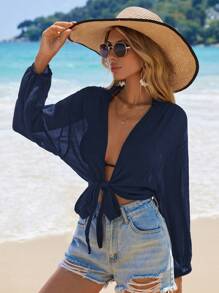 Swim Vcay Women's Solid Color Drop Shoulder Short Kimono Cover Up Summer - Navy Blue - View 3