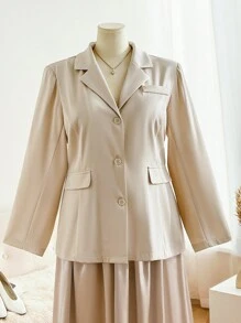 SHEIN Frenchy Ensemble tailleur-jupe de grande taille élégant, blazer près du corps couleur champagne et jupe dorée - Beige - Voir 6