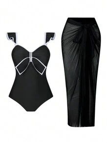Swim Oasis Plus Size 2pcs Swimwear Set In Black & White - Frill Strap Bowknot One Piece Swimsuit With Matching Cover-Up Skirt, Casual & Resort Wear Summer - Black - View 2