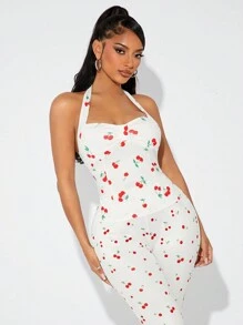 SHEIN SXY Áo ba lỗ cổ yếm in họa tiết quả anh đào dễ thương và gợi cảm - trắng - Xem 1