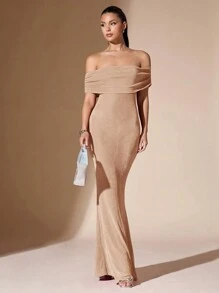 SHEIN BAE Váy tốt nghiệp bó sát hở vai màu trơn gợi cảm thanh lịch đuôi cá hở lưng cho nữ - Màu be - Xem 4