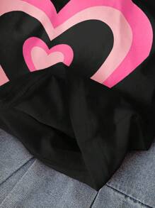 SHEIN 2 件套女童牛仔蓝色优雅学院风假日可爱粉色针织拼接撞色心形印花短袖上衣和灰蓝色牛仔休闲喇叭裙套装，春夏 - 黑色 - 查看 4