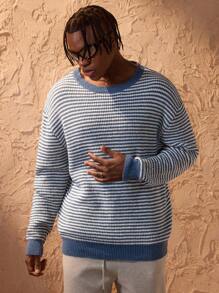Forever 21 Striped Pattern Drop Shoulder Sweater,Fall Tops,Fall Men Clothes - Blue - View 3