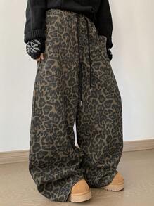 DAZY 女式豹纹弹力腰牛仔裤，休闲简约时尚，适合日常穿着，宽松牛仔裤，猎豹印花 - 棕色 - 查看 1