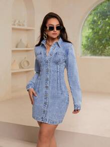 SHEIN Essnce Women's Casual Long Sleeve Single-Breasted Pocket Denim Dress, Autumn