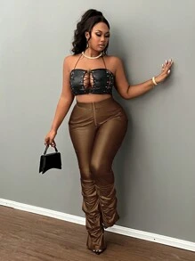 Slaydiva Plus Size Elegant Slim Fit Solid Black Front Metal Zipper Ruched Pants For Autumn/Winter - Mocha Brown - View 3