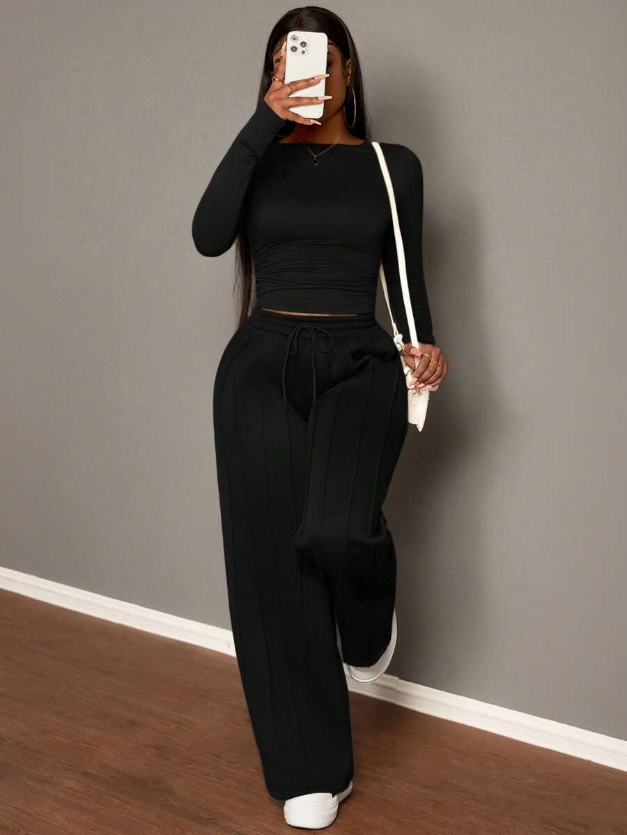 Slaydiva 2pcs Set: Women's Brown Drawstring Casual Straight Leg Sports Sweatpants + Solid Color Long Sleeve T-Shirt, Fall/Winter