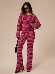 Forever 21 Ensemble de pantalon et pull rayé pour femmes, coupe slim, style décontracté simple et pour le port quotidien