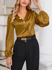 SHEIN Clasi Áo sơ mi satin cài nút phía trước, áo dài tay - Màu Mù tạt vàng - Xem 4