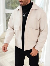 Manfinity Homme Men's Solid Color Button Front Long Sleeve Pocket Casual Jacket, Everyday Wear,Men's Flap Pocket Front Button Jacket Solid Color Outdoor Casual Woolen Coat Suitable As A New Year's Gift For Friends, For Fall Winter