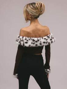 MUSERA Dalmation Faux Fur Bardot TopVacation Spring Summer Holiday - Olive Green - View 3