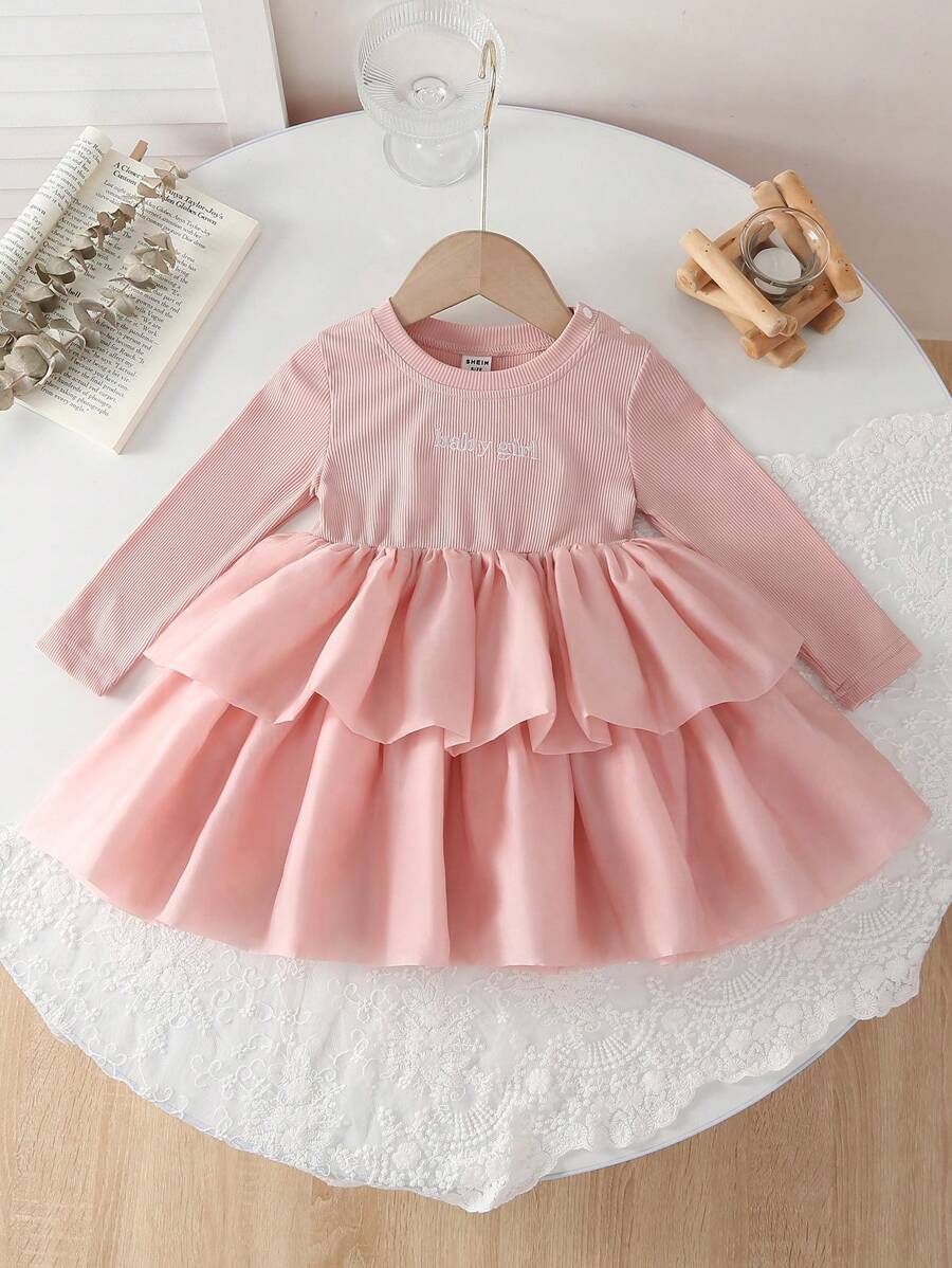 SHEIN 女婴粉色分层公主裙,女婴春季服装,时尚公主裙 - 粉色 - 查看 1