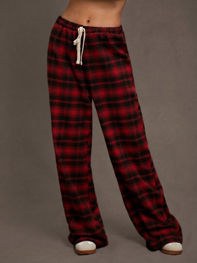 Siren Gaze Women Casual Plaid Print Drawstring Waist Pants Winter Christmas Chic Red New Year Check