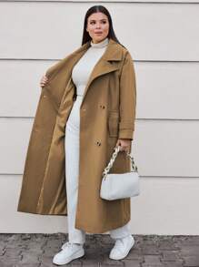 RueChic Double Breasted Button Detailed Drop Shoulder Long Overcoat - Rust Brown - View 6
