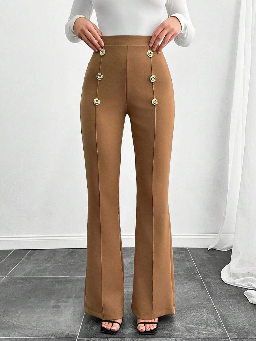 SHEIN Tall Tall Size Double Breasted Decorative Flared Trousers - Camel - View 1