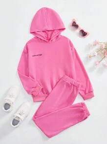 Bộ 2 chiếc áo hoodie in chữ tối giản cho bé gái tuổi mới lớn và quần dài - Màu Hồng Tươi - Xem 1