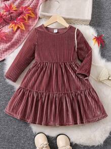 SHEIN Váy nhung viền bèo nhún cho bé gái - Hồng - Xem 3