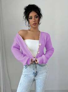 Elenzga Áo khoác cardigan dài tay màu tím chắp vá cài nút phía trước cho nữ - Màu Lilac Tím - Xem 5